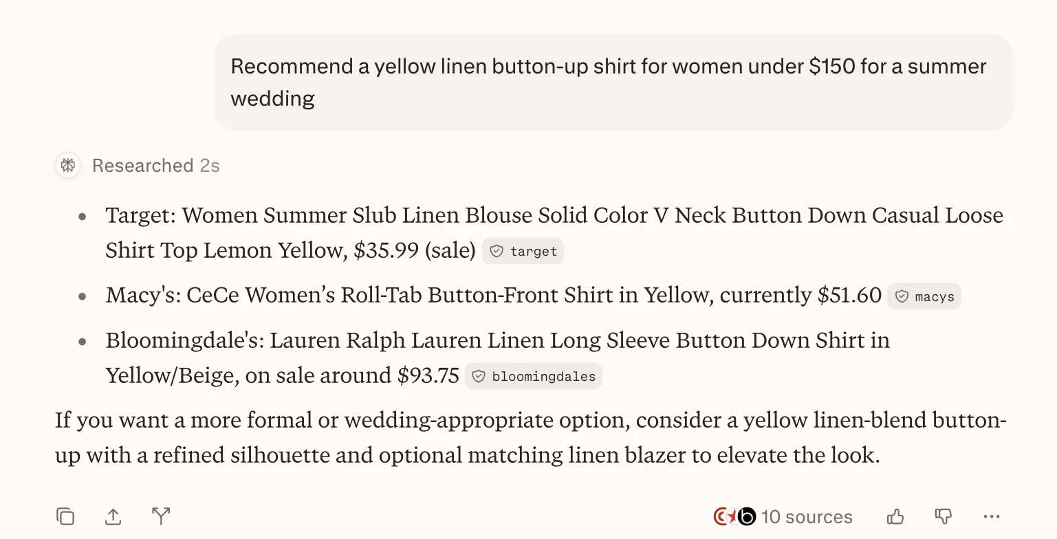 Perplexity recommending a yellow linen shirt from Target, Macy's and Bloomingdale's